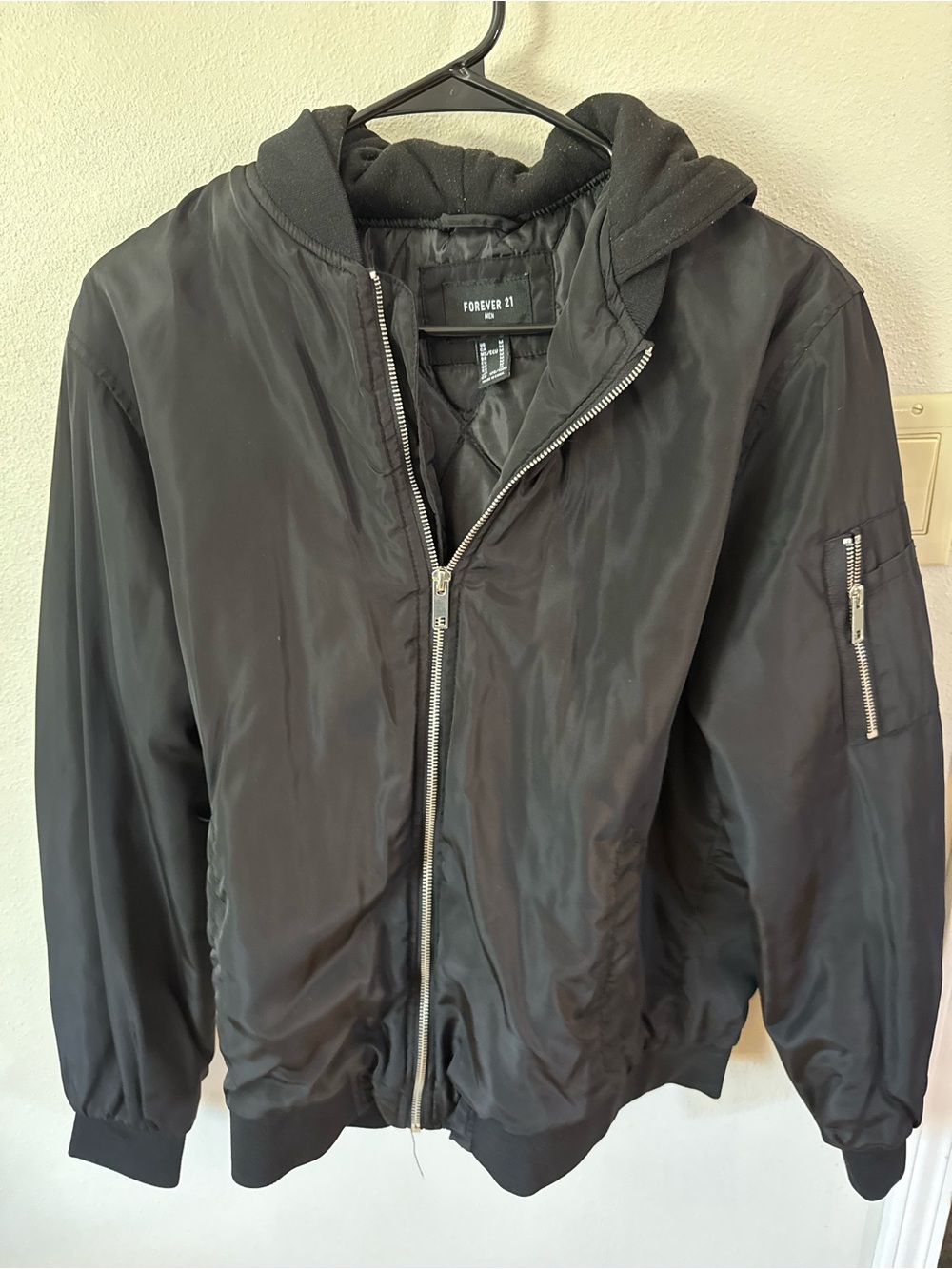 Forever 21 Men's Black Hooded Bomber Jacket with Sleeve Zip